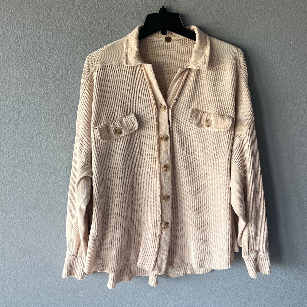 Free Country Cream Waffle Knit Button-Up Shirt Jacket